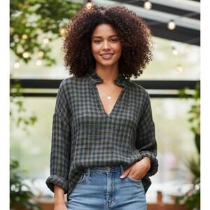 A Shirt Thing Penelope Gingham Blue‎ Green Check Blouse Top Ruffle Collar